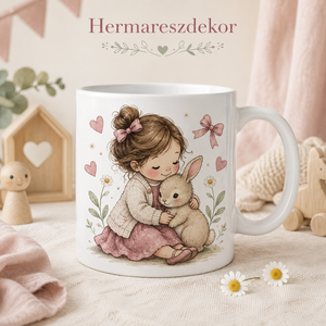 Egyedi Bögre  Kislány nyuszival és szívecskékkel  - Meska.hu