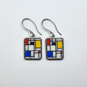 Mondrian - kézzel festett kompozíció - nagy lógós fülbevaló, Ékszer, Fülbevaló, Lógó fülbevaló, Ékszerkészítés, Festészet, MESKA