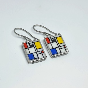 Mondrian - kézzel festett kompozíció - nagy lógós fülbevaló - ékszer - fülbevaló - lógó fülbevaló - Meska.hu