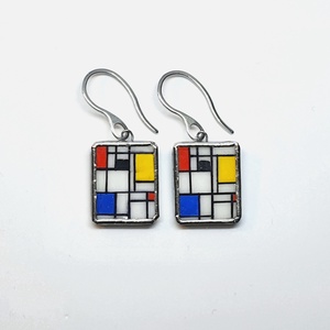 Mondrian - kézzel festett kompozíció - nagy lógós fülbevaló, Ékszer, Fülbevaló, Lógó fülbevaló, Ékszerkészítés, Festészet, MESKA