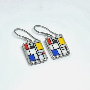 Mondrian - kézzel festett kompozíció - nagy lógós fülbevaló - ékszer - fülbevaló - lógó fülbevaló - Meska.hu