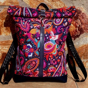 Kék-bordó- narancs paisley mintás  hátitáska- valódi bőrrel - vízálló - laptoptáska - táska & tok - hátizsák - roll top hátizsák - Meska.hu