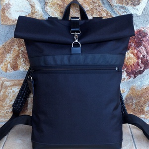 Fekete vízálló hátitáska- fekete valódi bőrrel - laptoptáska - első zsebes/, Táska & Tok, Hátizsák, Roll top hátizsák, Varrás, MESKA
