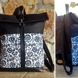 Fekete-fehér vízálló hátitáska- valódi bőrrel - ajándék  - táska & tok - hátizsák - roll top hátizsák - Meska.hu