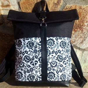 Fekete-fehér vízálló hátitáska- valódi bőrrel - ajándék  - táska & tok - hátizsák - roll top hátizsák - Meska.hu