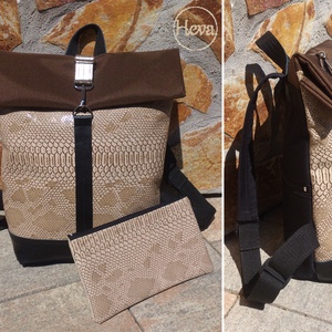 Elegáns aranybarna-mogyoró - hátitáska- valódi bőrrel Akciós - táska & tok - hátizsák - roll top hátizsák - Meska.hu