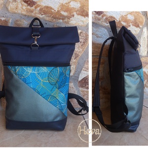 Türkizkék mintás vízálló hátitáska- valódi bőrrel - laptoptáska - első zsebes+neszivel  - táska & tok - hátizsák - roll top hátizsák - Meska.hu