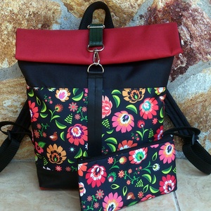 Akciós Bordó mintás hátitáska- feketével- valódi bőrrel - anyák napja - táska & tok - hátizsák - roll top hátizsák - Meska.hu