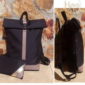 Fekete-barnával vízálló hátizsák - rolltop - valódi bőrrel + neszivel szettben -ajándék - táska & tok - hátizsák - roll top hátizsák - Meska.hu