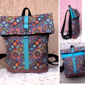 Akciós! Mandalás türkiz- barna -mintás hátitáska- valódi bőrrel - vízálló - ajándék - karácsony - táska & tok - hátizsák - roll top hátizsák - Meska.hu