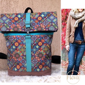 Akciós! Mandalás türkiz- barna -mintás hátitáska- valódi bőrrel - vízálló - ajándék - karácsony - táska & tok - hátizsák - roll top hátizsák - Meska.hu