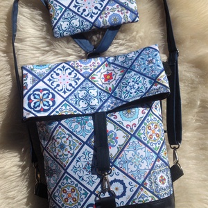 Kék mintás vízálló átalakítható válltáska/hátizsák - valódi bőrrel + neszivel - táska & tok - variálható táska - Meska.hu