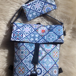 Kék mintás vízálló átalakítható válltáska/hátizsák - valódi bőrrel + neszivel - táska & tok - variálható táska - Meska.hu