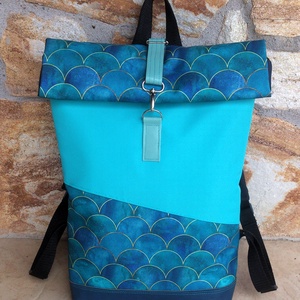 Türkizkék- kék-arany menta - hátitáska- valódi bőrrel - vízálló  - ajándék- karácsony - nagyobb méret - táska & tok - hátizsák - roll top hátizsák - Meska.hu