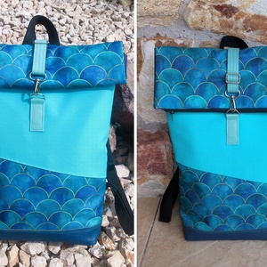 Türkizkék- kék-arany menta - hátitáska- valódi bőrrel - vízálló  - ajándék- karácsony - nagyobb méret - táska & tok - hátizsák - roll top hátizsák - Meska.hu