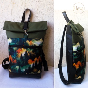 Zöld - fekete- vízálló hátitáska- valódi bőrrel - nagyobb méret - ajándék - unisex - táska & tok - hátizsák - roll top hátizsák - Meska.hu