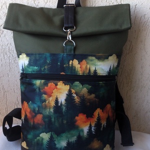 Zöld - fekete- vízálló hátitáska- valódi bőrrel - nagyobb méret - ajándék - unisex - táska & tok - hátizsák - roll top hátizsák - Meska.hu