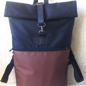 Barna/fekete hátizsák-  rolltop - laptop táska- Nagy méret- valódi bőrrel- ajándék - - táska & tok - hátizsák - roll top hátizsák - Meska.hu