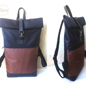 Barna/fekete hátizsák-  rolltop - laptop táska- Nagy méret- valódi bőrrel- ajándék - - táska & tok - hátizsák - roll top hátizsák - Meska.hu
