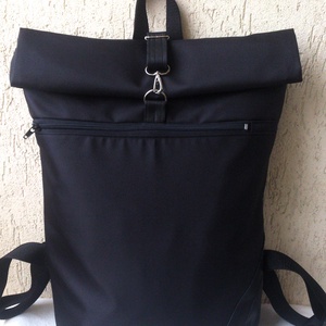 Fekete hátizsák-  rolltop - laptop táska- Nagy méret- valódi bőrrel- ajándék - unisex - táska & tok - hátizsák - roll top hátizsák - Meska.hu
