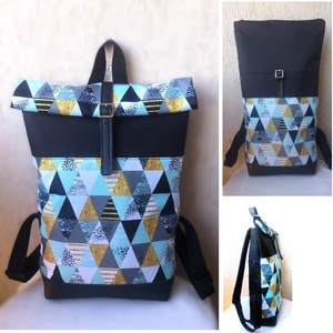 Menta - ezüstös-szürke- vízálló hátizsák - fekete valódi bőrrel - rolltop - ajándék - ballagásra - unisex - táska & tok - hátizsák - roll top hátizsák - Meska.hu