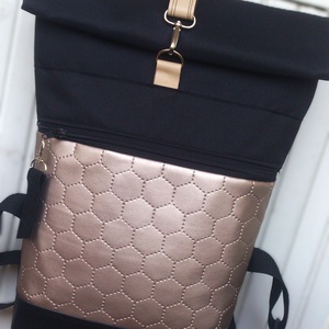 Capuccino - gyöngyház -fekete vízálló hátizsák- rolltop - valódi bőrrel  - ajándék - karácsony - táska & tok - hátizsák - roll top hátizsák - Meska.hu