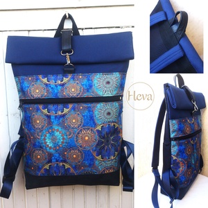 Türkizkék - mandalás roll-top hátizsák/ vízálló - valódi bőrrel - nagyobb méret - ajándék  - táska & tok - hátizsák - roll top hátizsák - Meska.hu