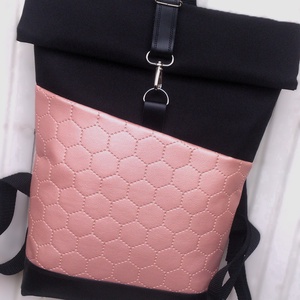 Rose- gyöngyház -fekete vízálló hátizsák- rolltop - valódi bőrrel  - ajándék - , Táska & Tok, Hátizsák, Roll top hátizsák, Varrás, Bőrművesség, MESKA