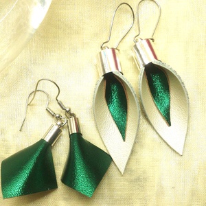 Türkiz-zöld - gyöngyház fehér bőr fülbevaló szett 2 db - ajándék - Anyák napja- születésnap - Meska.hu