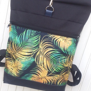 Kék, aranybarna-zöld hátizsák, vízálló- valódi bőrrel -laptoptáska- rolltop-  ajándék - , Táska & Tok, Hátizsák, Roll top hátizsák, Varrás, Bőrművesség, Nagyobb méret: Sötétkék marhabőrrel illetve fekete alapon zöld-kék, aranybarna mintás  és fekete ví..., MESKA