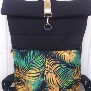 Kék, aranybarna-zöld hátizsák, vízálló- valódi bőrrel -laptoptáska- rolltop-  ajándék -  - táska & tok - hátizsák - roll top hátizsák - Meska.hu