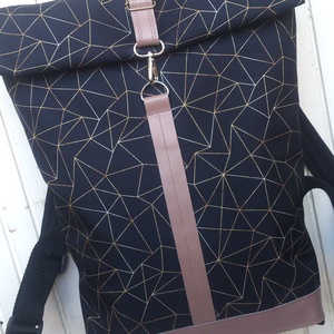 Fekete-barna mintás hátitáska, vízálló- valódi bőrrel - nagy méret - ajándék - unisex - táska & tok - hátizsák - roll top hátizsák - Meska.hu