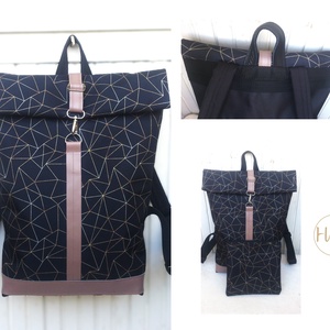 Fekete-barna mintás hátitáska, vízálló- valódi bőrrel - nagy méret - ajándék - unisex - táska & tok - hátizsák - roll top hátizsák - Meska.hu