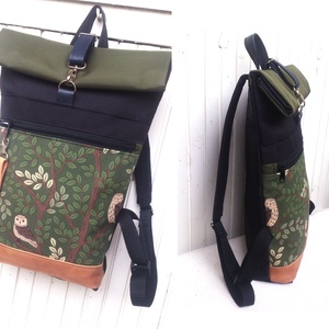 Zöld- fekete-baglyos Roll-top/hátizsák/ - valódi bőrrel - nagyobb méret- ajándék- laptop táska - Anyák napja - táska & tok - hátizsák - roll top hátizsák - Meska.hu