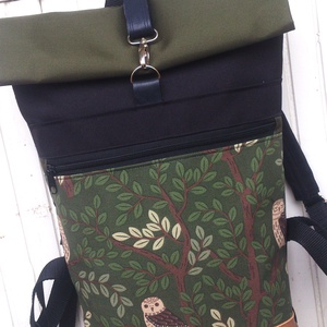 Zöld- fekete-baglyos Roll-top/hátizsák/ - valódi bőrrel - nagyobb méret- ajándék- laptop táska - Anyák napja - táska & tok - hátizsák - roll top hátizsák - Meska.hu