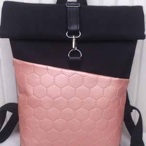 Rose- gyöngyház -fekete vízálló hátizsák- rolltop - valódi bőrrel  - ajándék -  - Meska.hu