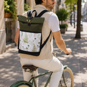 Páfrányos - zöld - rolltop - vízálló hátizsák - valódi bőrrel -  ajándék - unisex  - Meska.hu