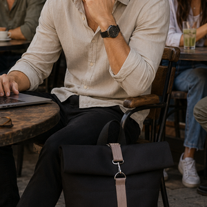 Fekete-barnával vízálló hátizsák - rolltop - valódi bőrrel  -ajándék - Unisex - táska & tok - hátizsák - roll top hátizsák - Meska.hu