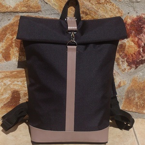 Fekete-barnával vízálló hátizsák - rolltop - valódi bőrrel  -ajándék - Unisex - táska & tok - hátizsák - roll top hátizsák - Meska.hu