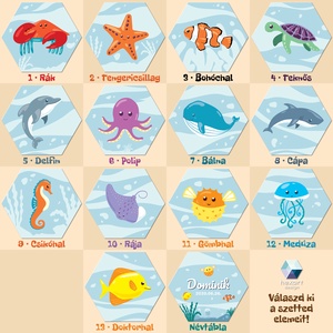 5 db-os tengeri állatos, vízi világ babaszoba hatszög fali dekoráció - 13 különböző választható állattal és névtáblával - baba - mama - babaszoba dekoráció - babaszoba kép - Meska.hu