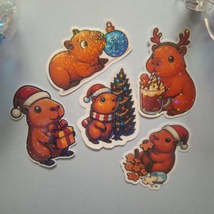 Karácsonyi Kapibara Matrica Szett � 5 db csillogó, ünnepi design - otthon & életmód - papír, írószer - matrica, matrica csomag - Meska.hu