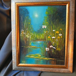 Hajnal a nádasban c. olajfestmény, Művészet, Festmény, Olajfestmény, Festészet, MESKA