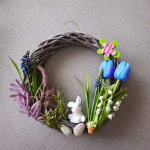 Tavaszi ajtókopogtató , Ünnepi díszek, dekorációk, Húsvéti díszek és dekorációk, Húsvéti ajtódísz, kopogtató, Virágkötés, MESKA