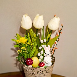 Tavaszi asztaldísz , Ünnepi díszek, dekorációk, Húsvéti díszek és dekorációk, Húsvéti asztaldíszek, Virágkötés, MESKA