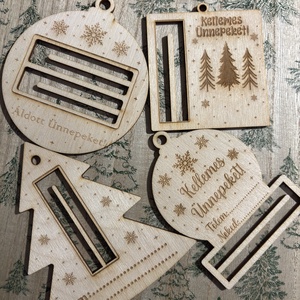 Karácsonyi pénzátadó, Karácsony, Karácsonyi ajándékozás, Karácsonyi képeslap, üdvözlőlap, ajándékkísérő, Famegmunkálás, MESKA