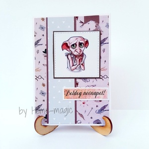 Kézzel készült képeslap, üdvözlőlap, ajándékkísérő - Harry Potter, névnapra, Dobby - Meska.hu