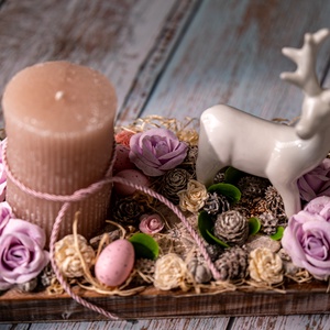 Tavaszi tál szarvassal és gyertyával - otthon & életmód - virágdekoráció - virágdíszek - asztali virágdísz - Meska.hu