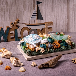 Tengerparti tál teknőssel és gyertyával - otthon & életmód - virágdekoráció - virágdíszek - asztali virágdísz - Meska.hu