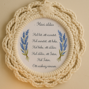 Házi áldás. Kézzel horgolt, természetes árnyalatú falikép a klasszikus Házi áldás szövegével.  - Meska.hu