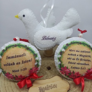 Immánuel: velünk az Isten! - fenyőfadísz csomag galambbal(3DB), Karácsony, Karácsonyi lakásdekoráció, Karácsonyfadíszek, Varrás, MESKA